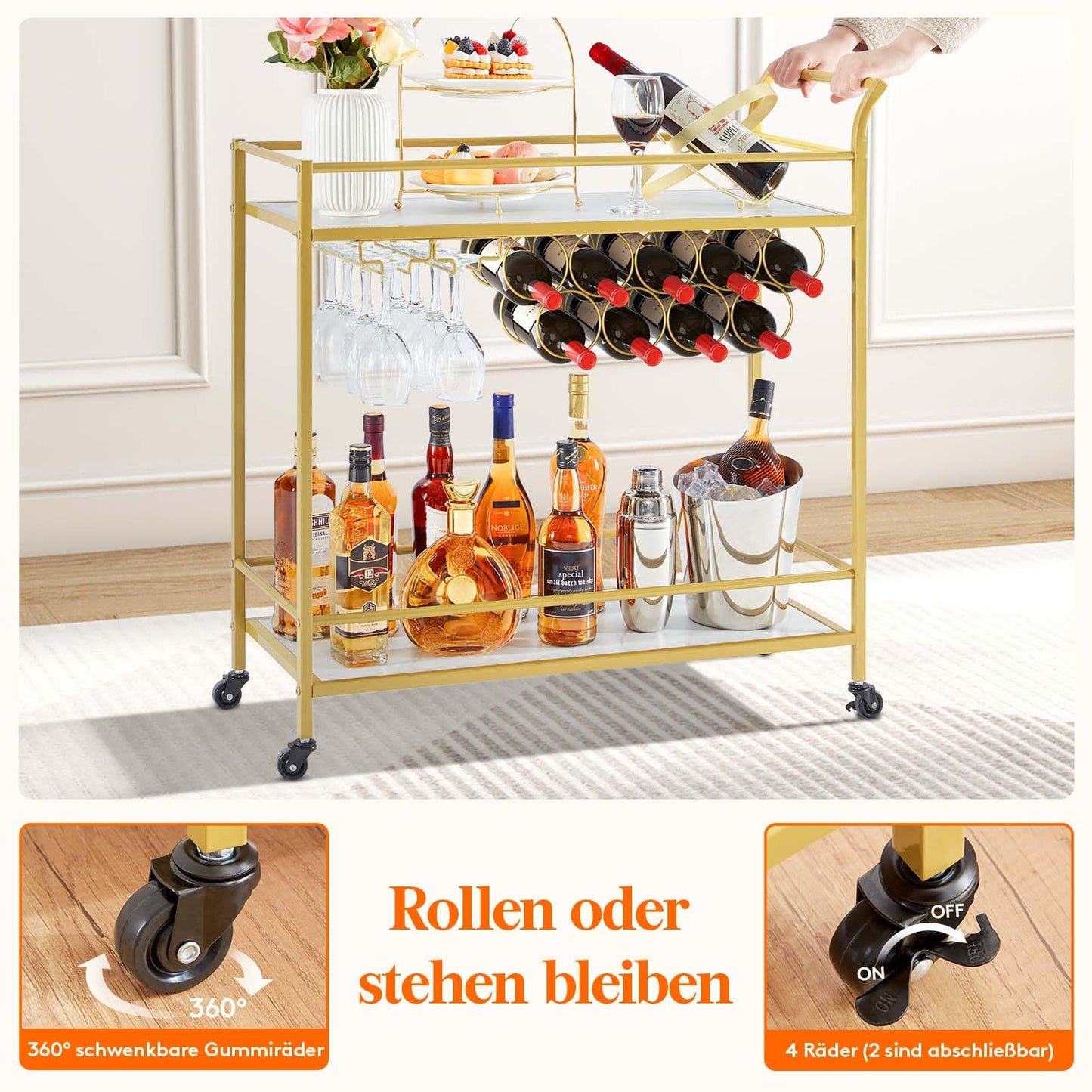 Lifewit Servierwagen mit Rollen, Küchenregal, 2-stöckiger Barwagen mit 9 Weinflaschenregalen, Küchenwagen für Esszimmer, Wohnzimmer, Innenbereich, 80 x 33,2 x 87,8 cm, Gold