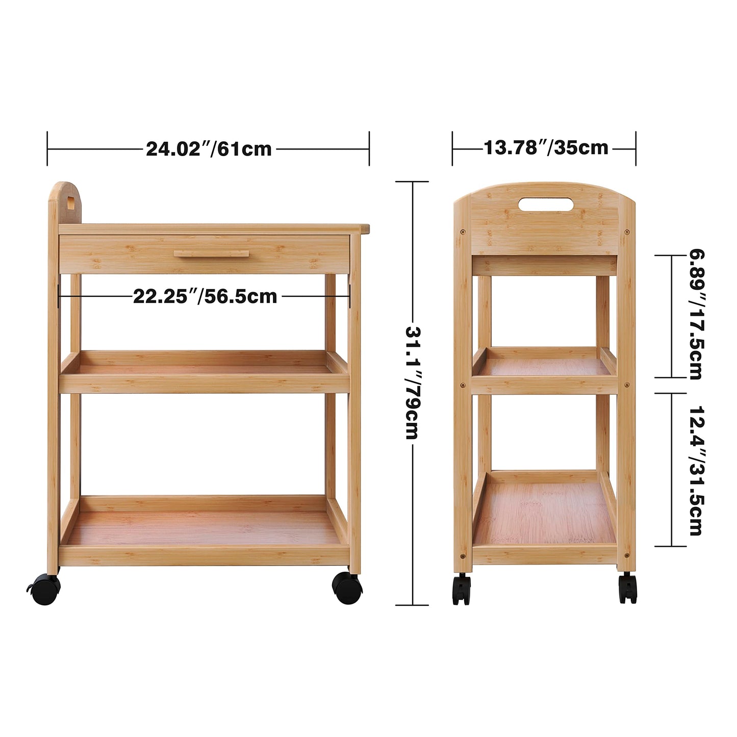 SMIBUY Kücheninsel Wagen auf Rädern mit Lagerung Schublade & Regale, Bambus 3-Tier Rolling Utility Serving Rack mit Massivholz Arbeitsplatte & Lockable Casters (Natural)