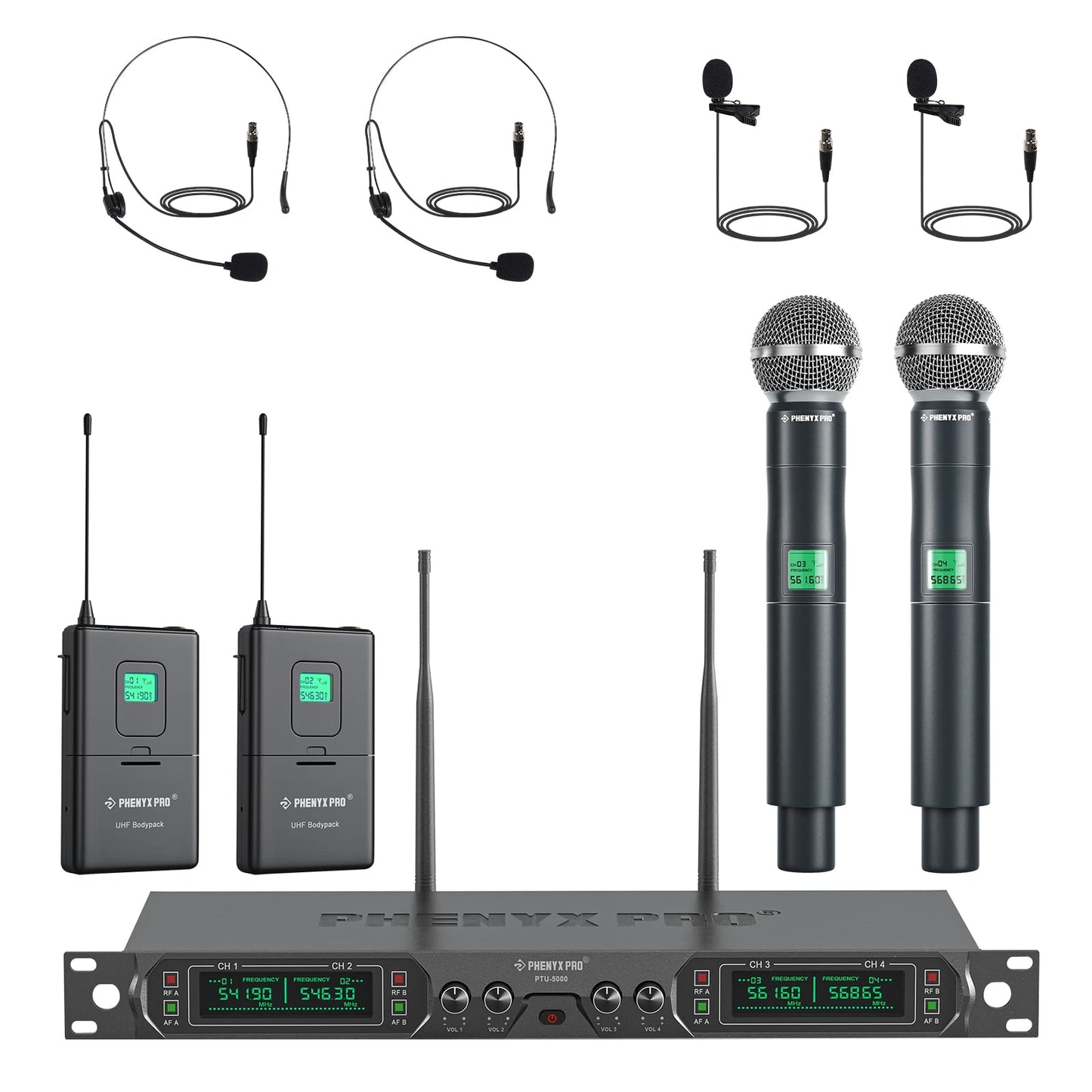 Phenyx Pro 4-Kanal UHF Drahtlos-Mikrofonsystem, Festfrequenz-Mikrofon mit Hand-/Taschen-/Kopfbügel-/Ansteckmikrofonen für Kirche, Karaoke, Gesang, DJ (PTU-5000B)