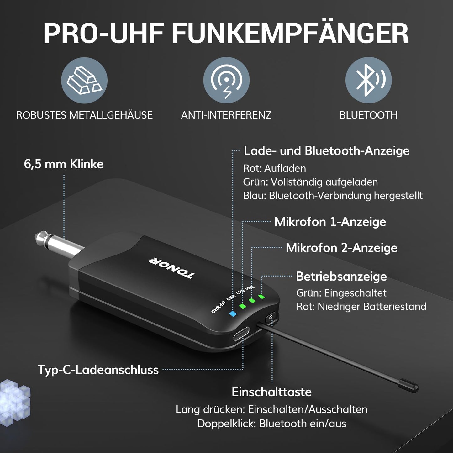 TONOR Mikrofon Kabellos, Bluetooth Wiederaufladbares Funkmikrofon, Metall UHF Drahtloses Mikrofon Set, 2x25 Einstellbare Wireless Microphone für PA Anlage Karaoke Hochzeit Party Konferenz 100m, TW720