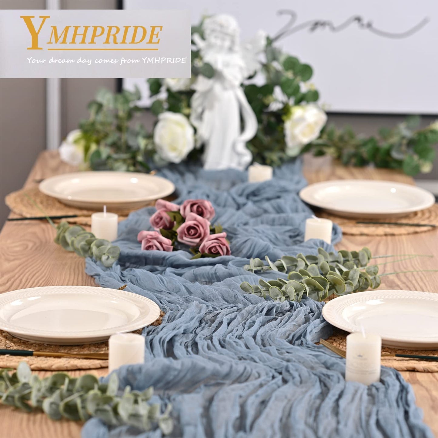 2 Stück Seihtuch-Tischläufer Staubiges Blau,90 x 300 cm Rustikaler Gaze-Stoff Boho-Tischläufer Käsetuch Cheesecloth Tischläufer Hochzeit Tischdecke für Hochzeitsfeier Brautparty Tischdekoration