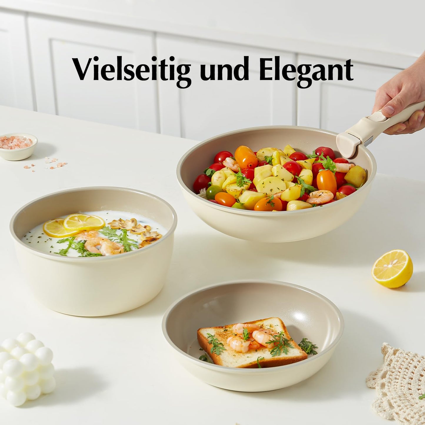 Redchef Topfsets Pfannenset 16-Teilig Antihaft-Keramik-Kochgeschirr-Set mit Abnehmbaren Griffen, Pfanne 20/26cm, Tiefe Bratpfanne 26cm, Topf 18/20cm, Stapelbar Topfset Für alle Herdarten, Ofenfest