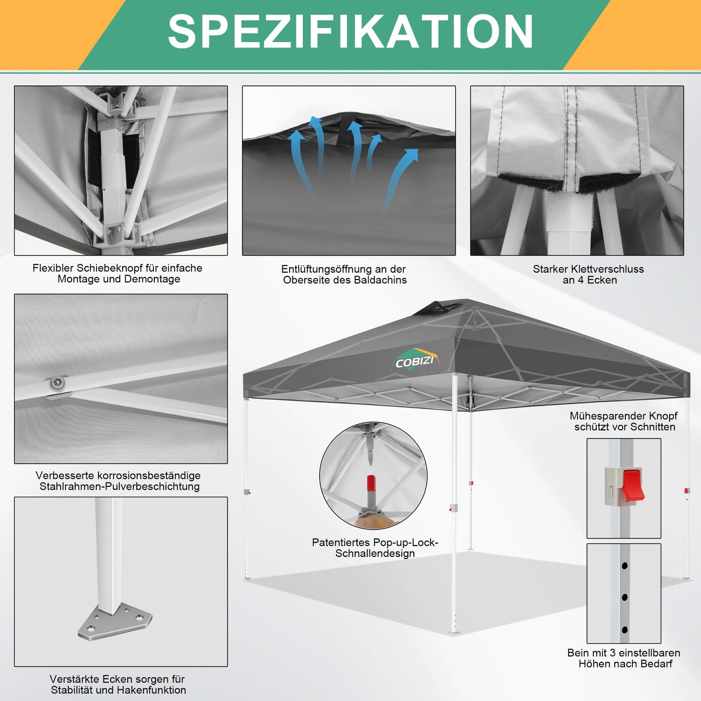 COBIZI Pavillon 3x3 Faltpavillon 3x3 wasserdicht stabil Winterfest mit | Pop-Up Klicksystem | UV-Schutz 50+ | Partyzelt Garten Zelt klappbar 3x3m mit Lüftungsöffnung inkl. Tasche & 8X Erdspieße, Grau