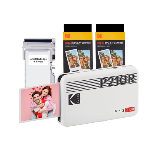 KODAK P210 Mini 2 Retro, Mobiler Farbig Handy Fotodrucker, Kompatibel mit Smartphone (iOS & Android), Bluetooth, 54x86 mm, 4Pass-Technologie, Laminierung, 68 Blatt, Weiß