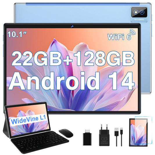 Biegedy Tablet 10 Zoll Android 14 Octa-Core, 22 GB RAM+128 GB ROM (TF1 TB),8000mAh丨Widevine L1丨GMS丨5G WLAN 6丨5MP+8MP丨Bluetooth 5.0丨1280 * 800丨Metallabdeckung Tablet mit Tastatur Maus Blau