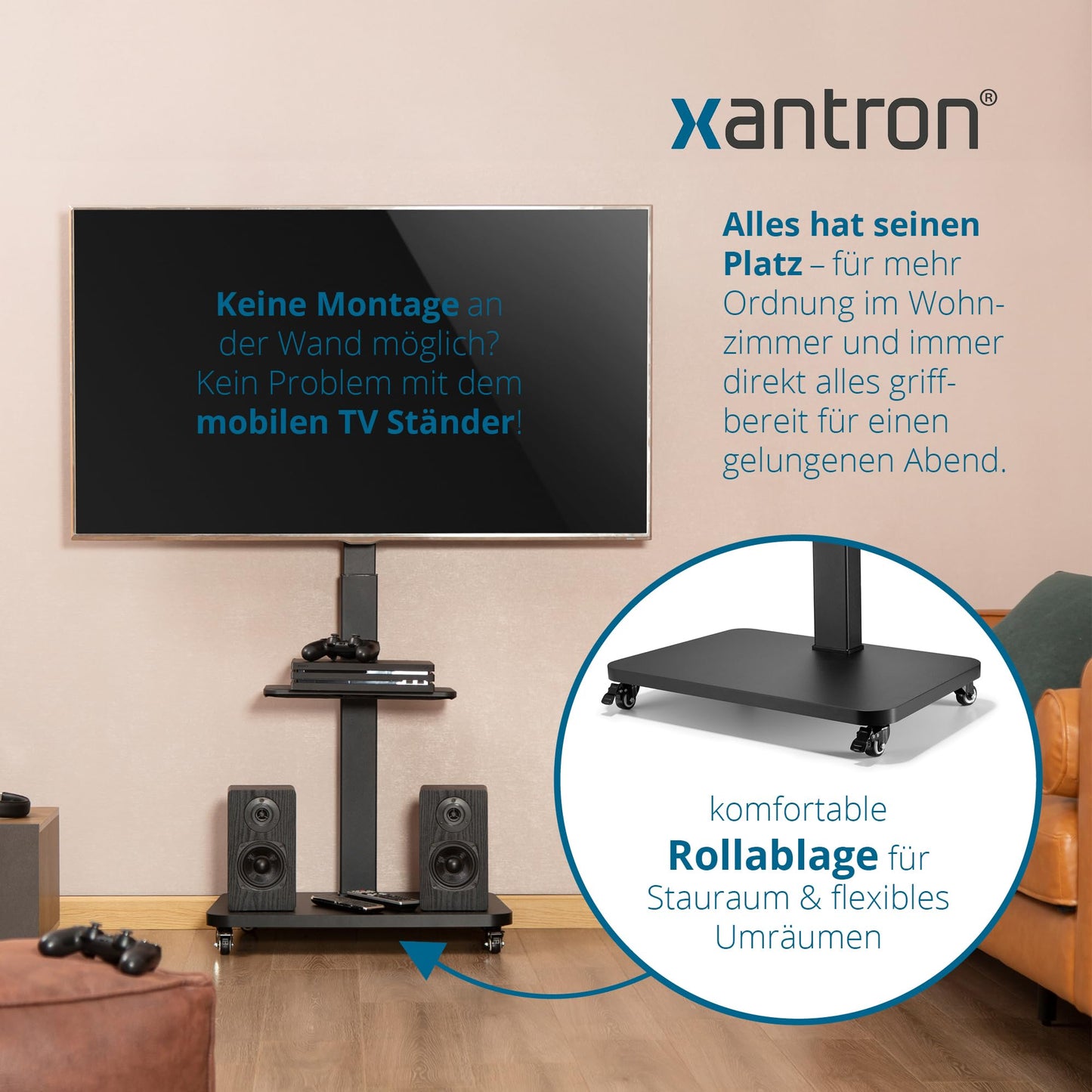 Xantron® TV Ständer Rollbar Höhenverstellbar für TVs bis 75 Zoll [mit Ablagefläche] Fernsehständer mit Rollen/Fernseher Bodenständer/Fernseher Halterung stehend/TV Rollwagen