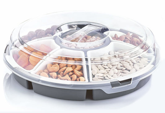 Spetebo Transport Servierset mit 6 Schalen - Ø 33 cm - Runde Snack und Dip Transportbox mit Deckel - Snackteller Snackbox Dip Tapas Schüsseln Servier Teller spülmaschinenfest