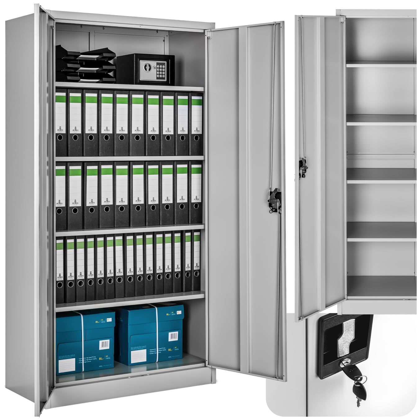 tectake® Aktenschrank, Büroschrank abschließbar, Mehrzweckschrank aus Stahl, Allzweckschrank mit 2 Türen, inkl. 3 höhenverstellbare Einlegeböden, Aktenschrank abschließbar 180x80x40 cm - grau