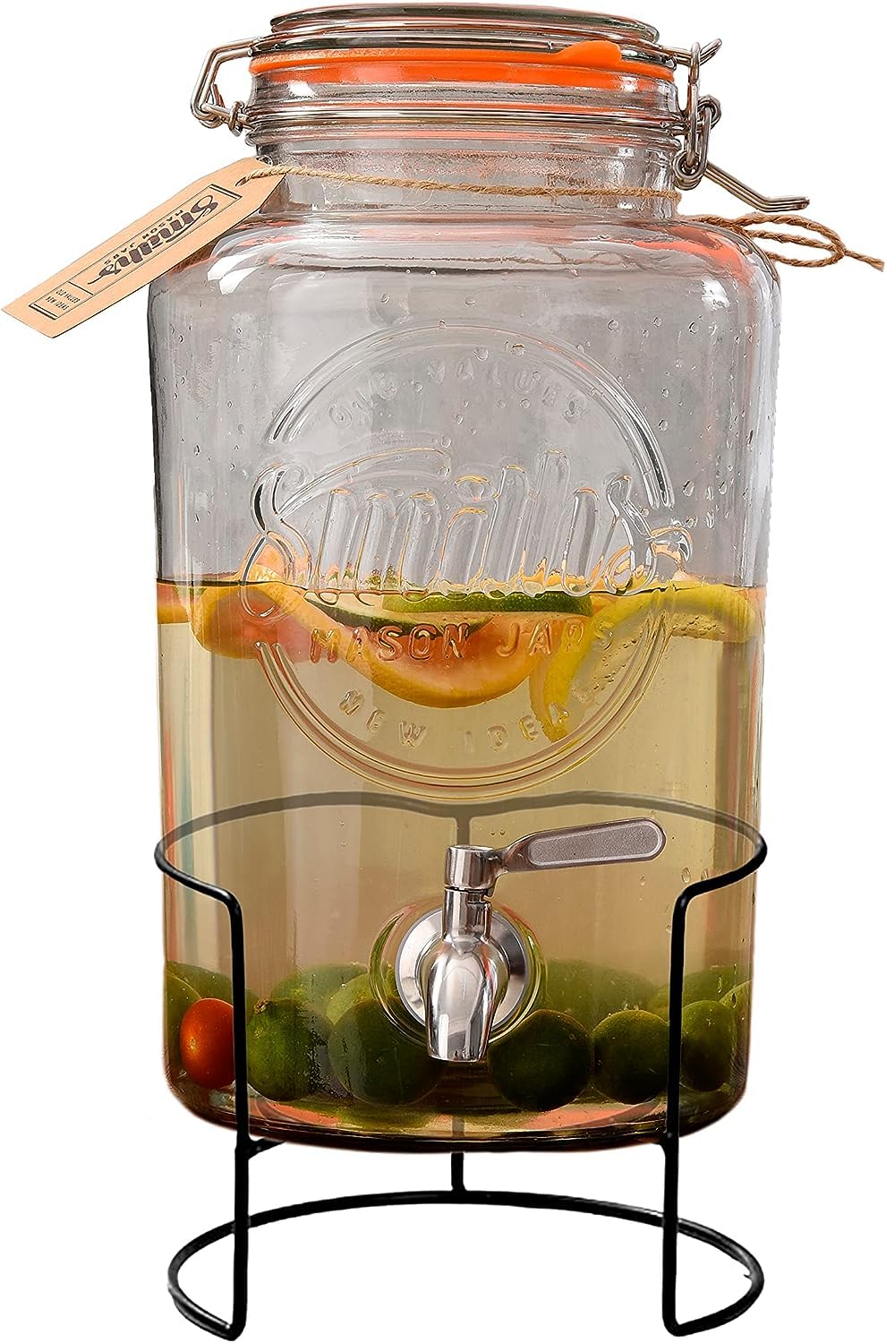 Smith's Mason Jars 5 Liter Getränke oder Wasserspender mit Edelstahl-Zapfenhahn, herausnehmbaren Netzfiltern und Metallständer | Ideal für Limonade, DIY Getränke, frisches Obst und Kräuter