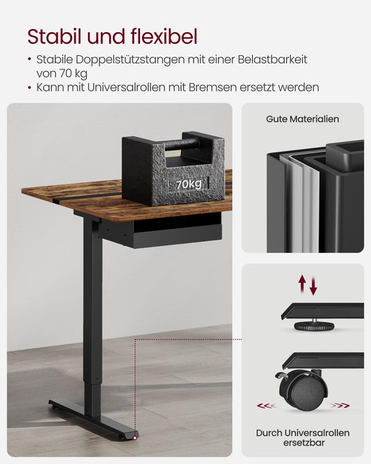 VASAGLE Höhenverstellbarer Schreibtisch elektrisch, 120 x 60 cm Tischoberfläche, Memory-Funktion mit 4 Höhen, mit Steckdosen und Stoffschublade, vintagebraun-tintenschwarz LSD112X01