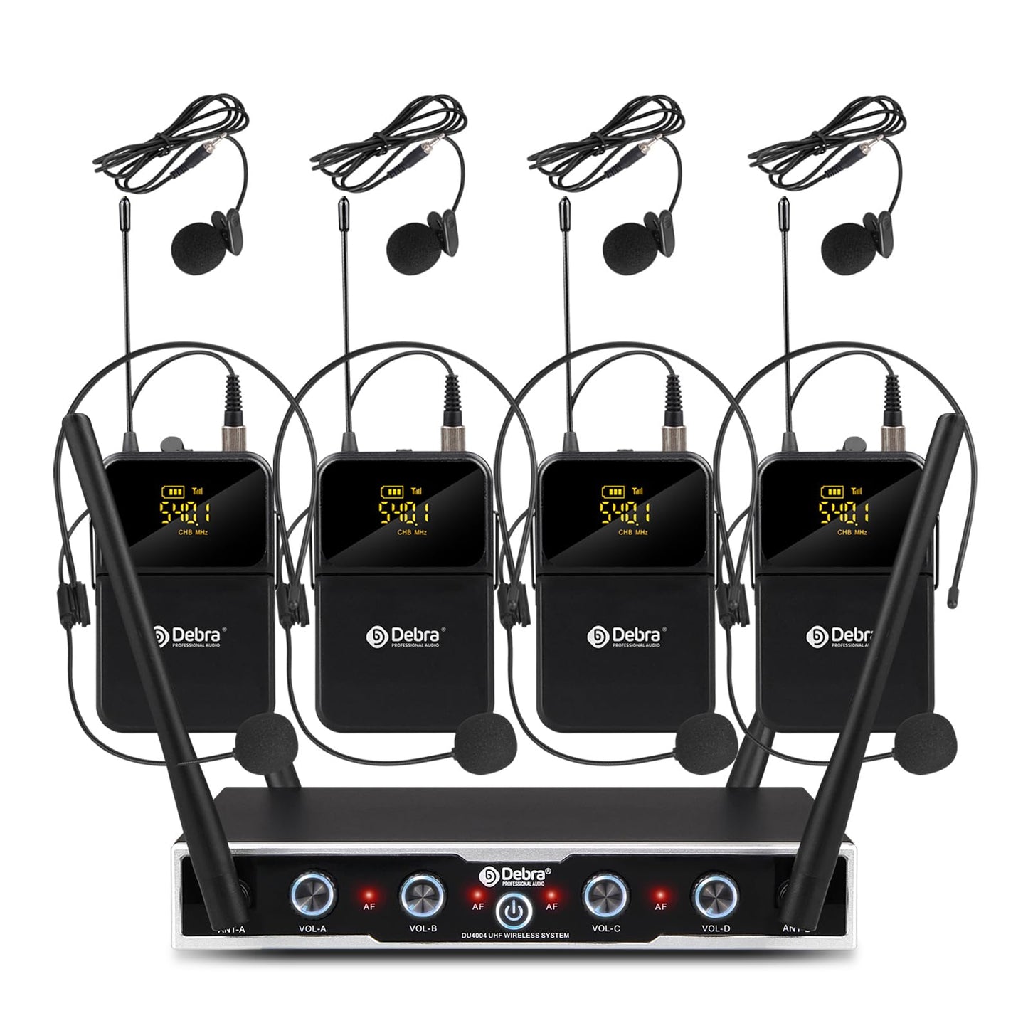 D Debra 4 * 16 Kanal UHF Mikrofon Kabellos Set mit Bodypack Transmitter/Headset Kopfbügel Funkmikrofon/Lavalier Ansteckmikrofonen,80m Reichweite Wireless Microphone für Gesang, Karaoke(4 Bodypack)