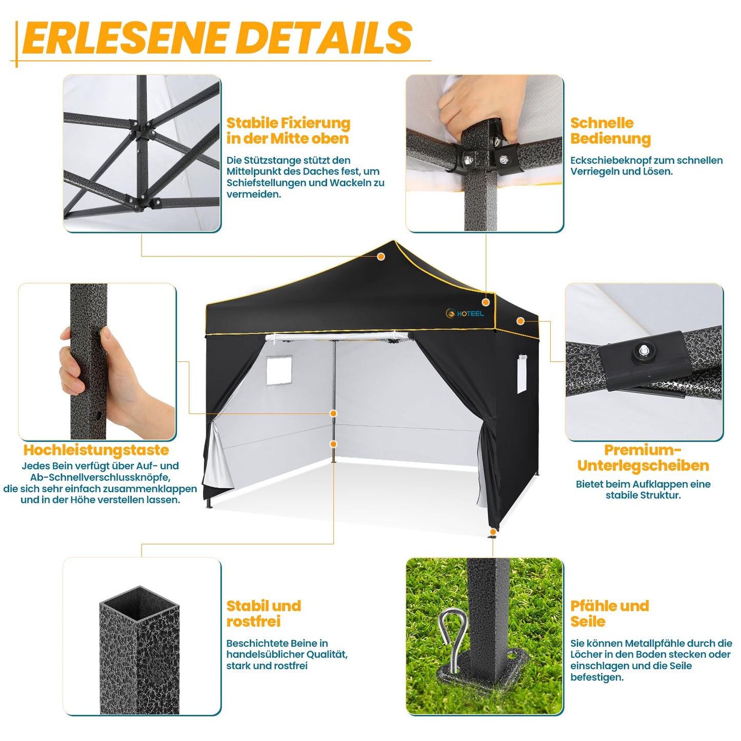HOTEEL Faltpavillon Pavillon 3x3 Wasserdicht Stabil Winterfest Gartenpavillon, Pop Up Pavillon mit 4 Seitenwänden, Partyzelt 3x3 für Garten, Party, UV Schutz 50+ 3 Stufen Höhenverstellbar, Schwarz