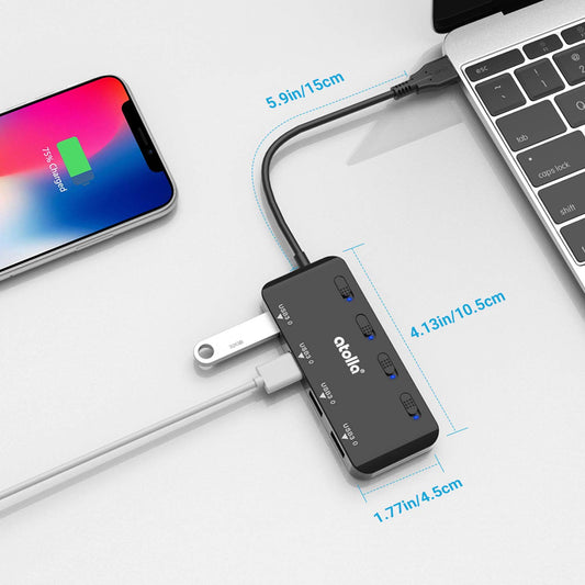 atolla 4 Port USB 3.0 Hub, USB-Hub aktiv Verteiler Datenhub 5Gbps mit einzelnen Power Schalter und LEDs