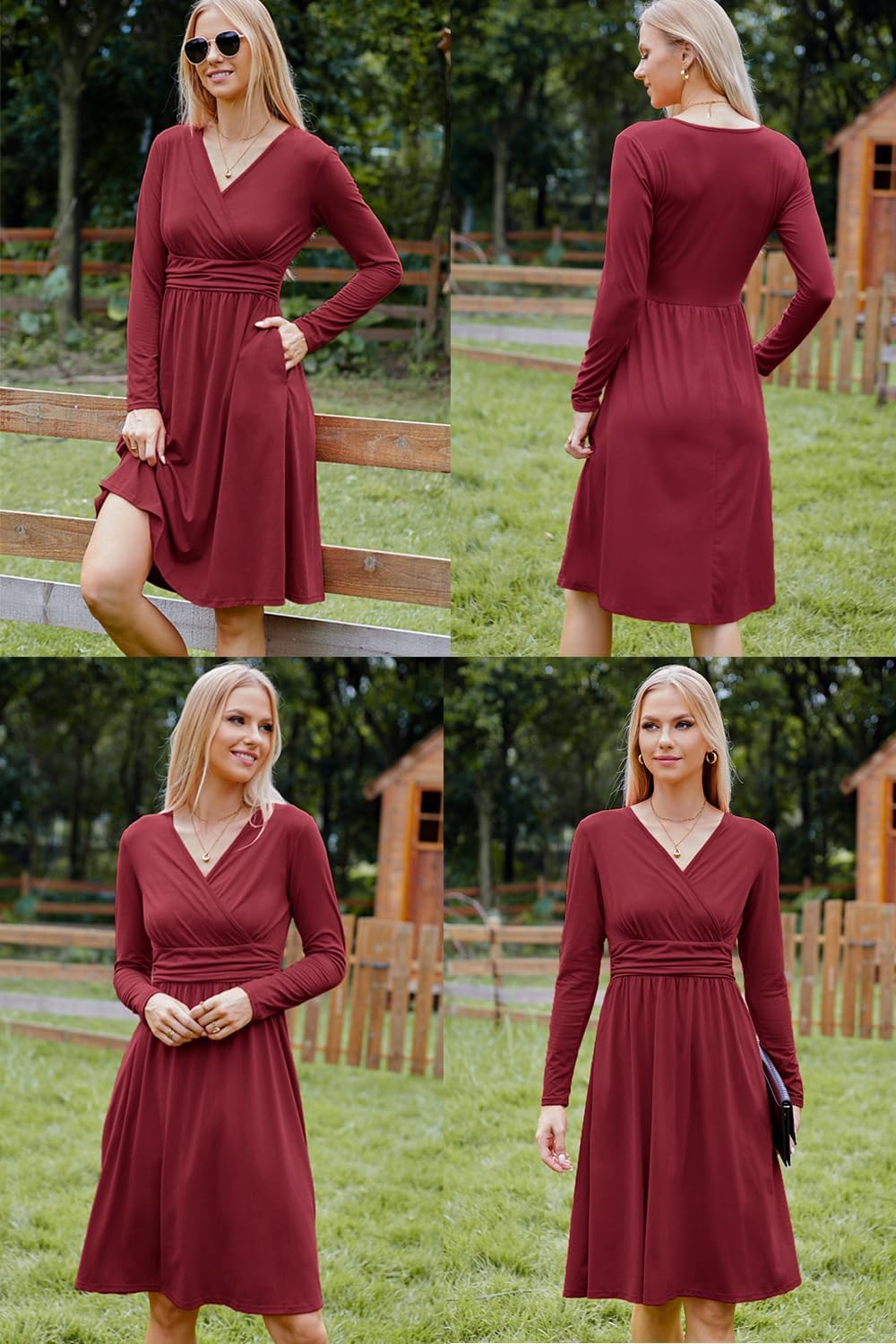 OUGES Kleid Damen Herbst V-Ausschnitt Langarm Kleider Herbstkleid Knielang Winterkleid Midi Mit Taschen
