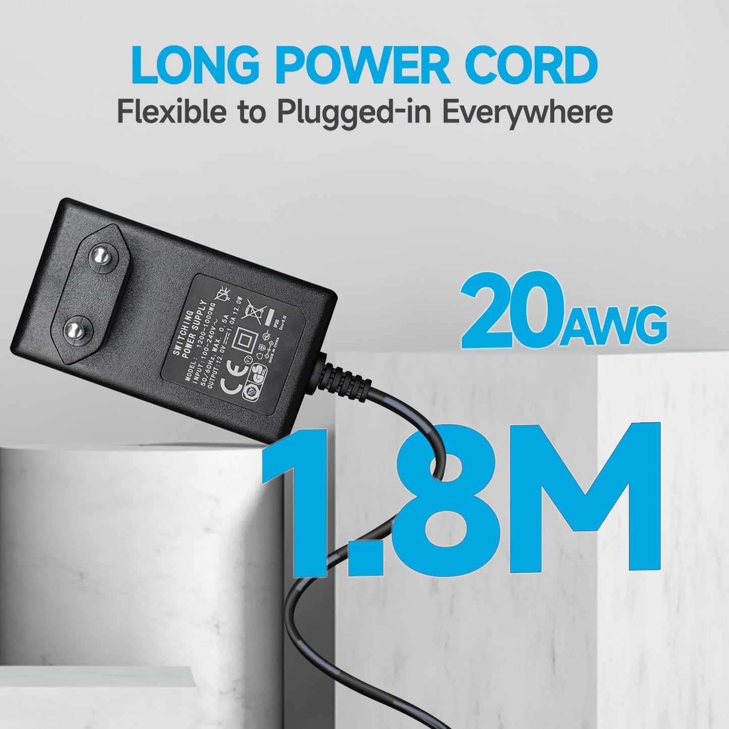 12V 1A/1000mA Netzteiladapter, AC 100-240V 50/60Hz auf DC 12V 1A/1000mA 12W Wandladegerät, Mitte positiv, 1,8m langes 20-AWG-Kabel für stabilen und flexiblen Einsatz, 8 Aufsätze enthalten