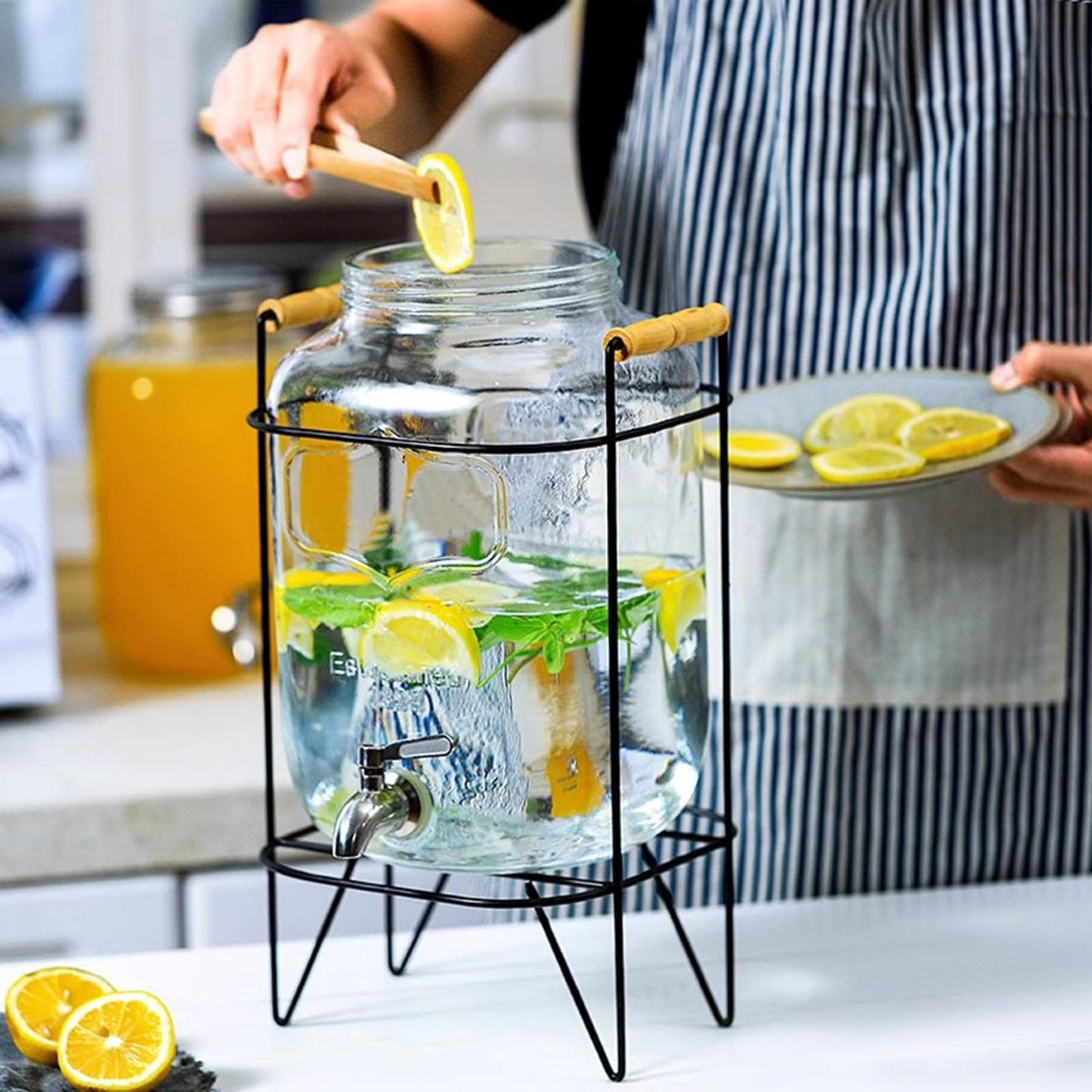 Hiziwimi 4L Glas-Getränkespender mit Deckel Weithals-Eisgetränkeglas mit Bügeleisenhalter, für Eissaft, Wasser, hausgemachte Teegetränke