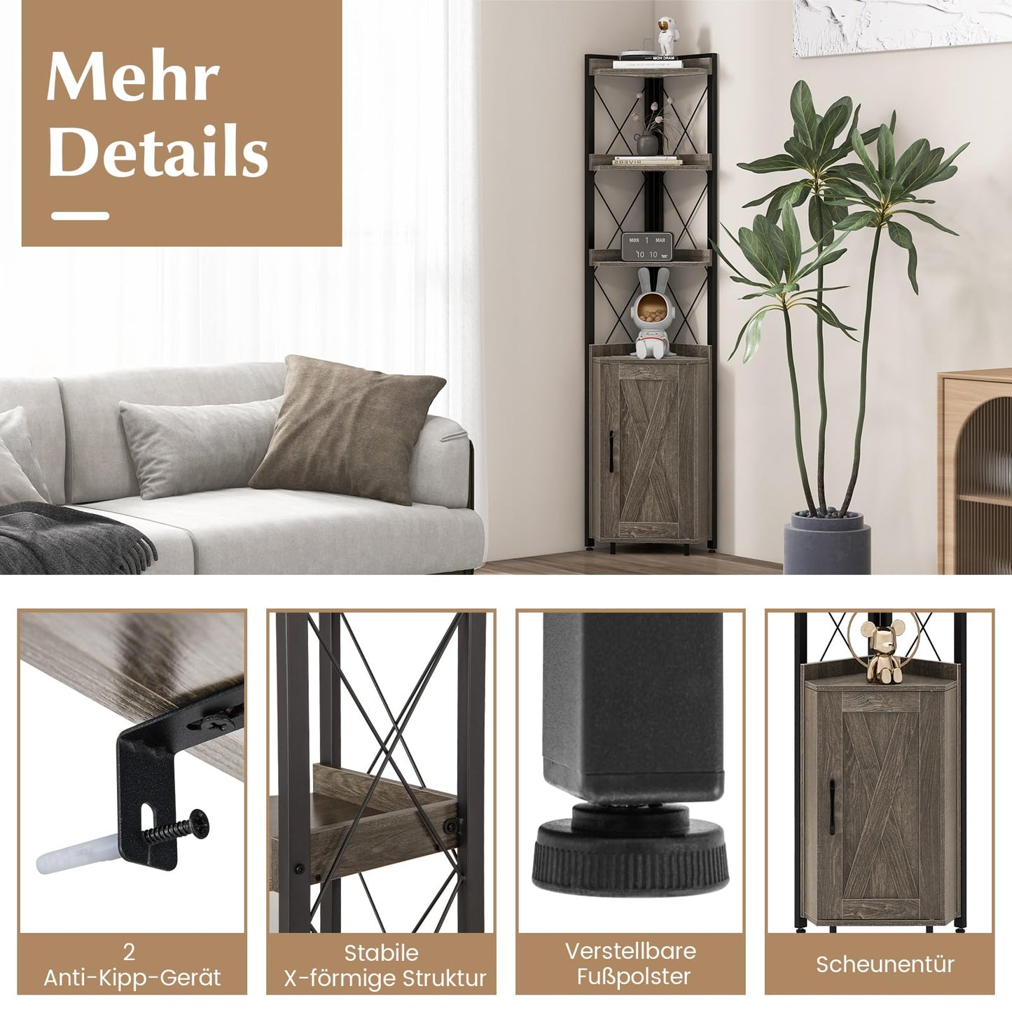 COSTWAY 6-stöckiges Bücherregal, Standregal industriell, Hochschrank schmal mit 4 Ablagen & verstellbaren Regalen, Küchenschrank Eckschrank platzsparend, 48 x 32 x 180 cm (Grau)