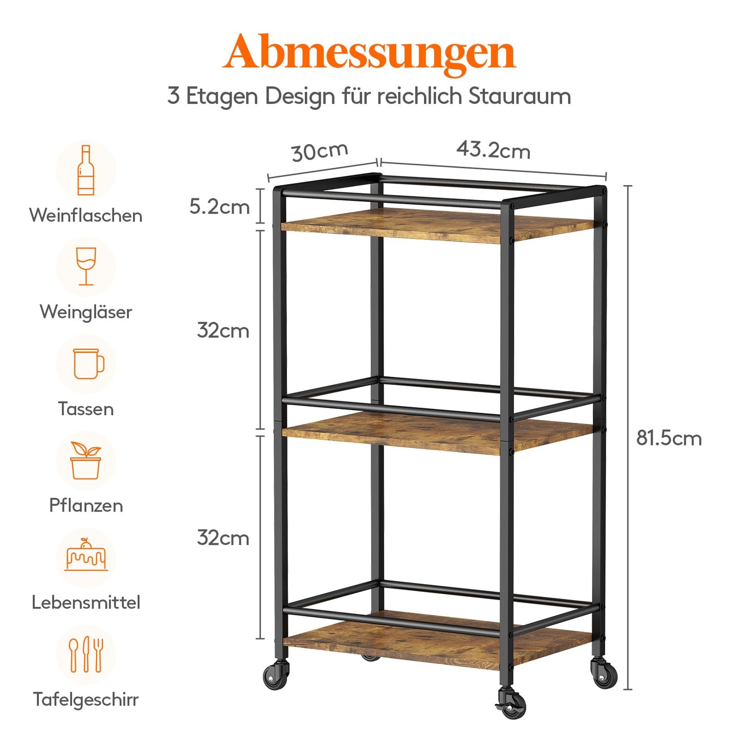 Lifewit Servierwagen mit Rollen, 3-stöckiger rollender Küchenwagen, Küchenregal Rackwagen Barwagen mit feststellbaren Rädern für Küchen,Wohnzimmer, Outdoor, 43,2 x 30 x 81,5 cm, Braun Rustikal