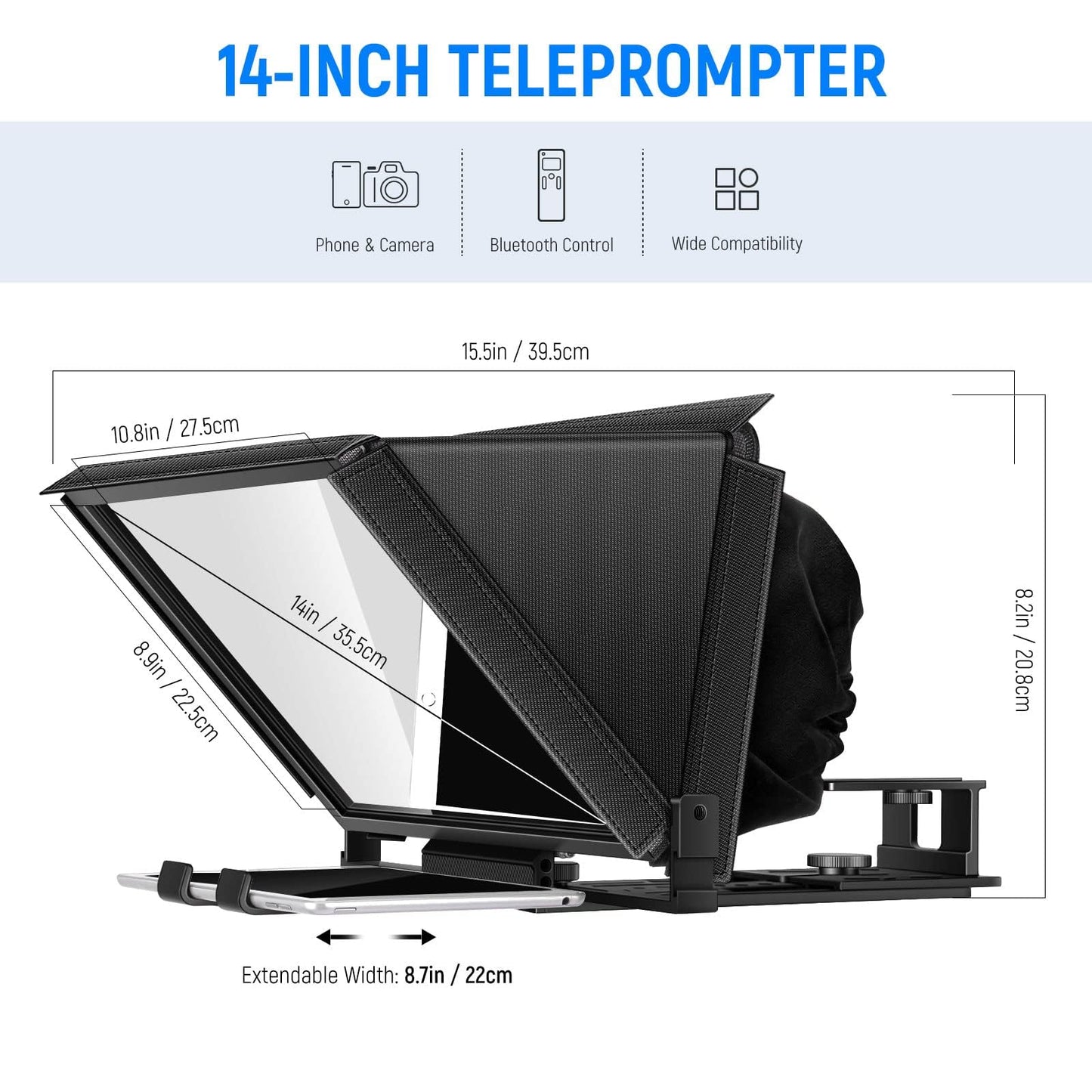 NEEWER X12 Teleprompter aus Aluminium mit RT 110 Fernbedienung und App Steuerung, kompatibel mit iPad, iOS/Android Tablet, Smartphone, DSLR Kamera, Ganzmetallkonstruktion (kein Kunststoff) Tasche