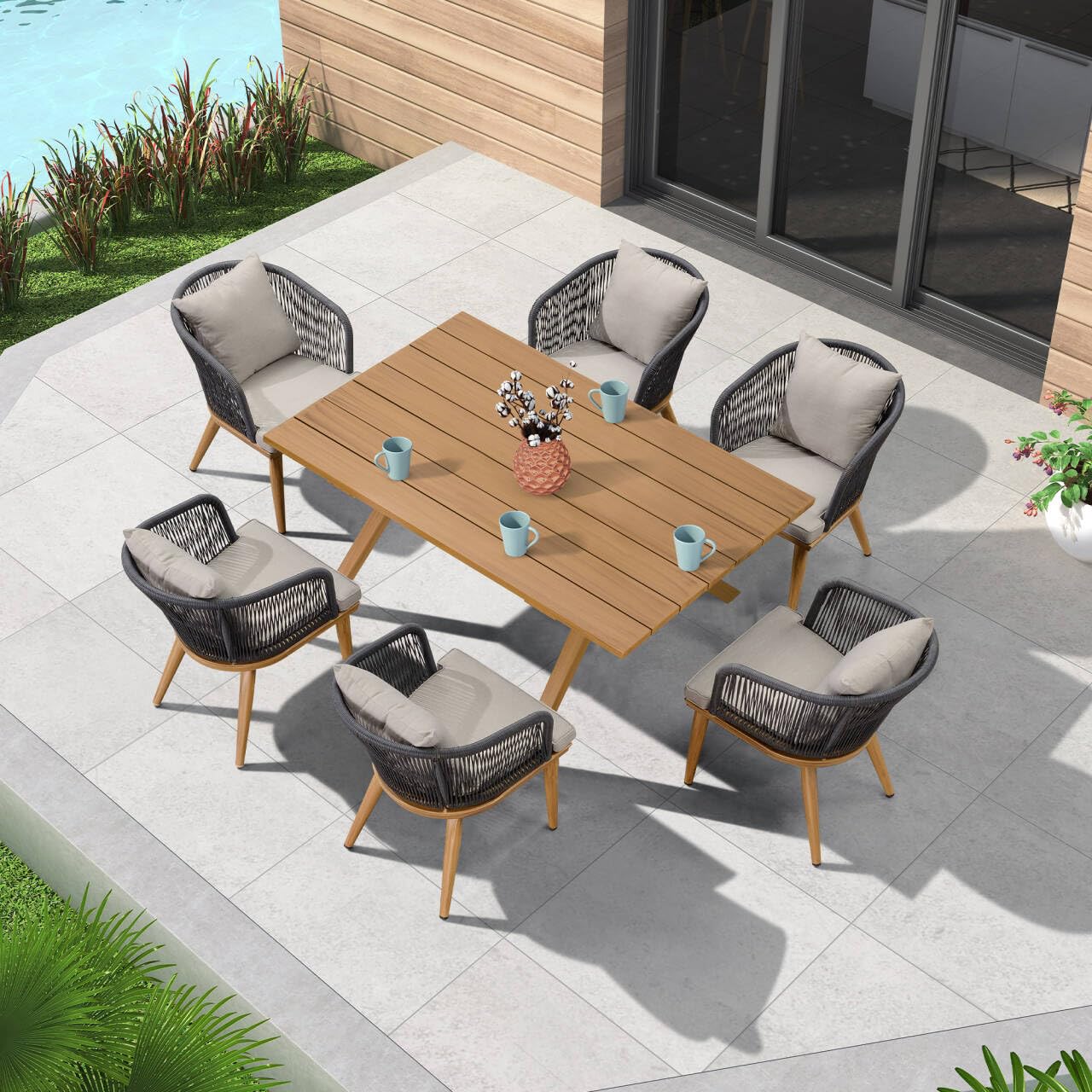 PURPLE LEAF 7-TLG Gartenmöbel Set Terrassenmöbel Außen Balkonmöbel Esstisch Teak Wetterfest 8 Esszimmerstühle UV-Beständigkeit mit Kissen für Garten, Natur