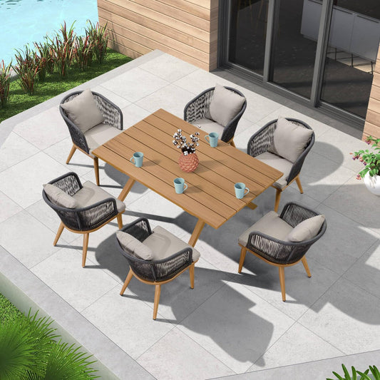 PURPLE LEAF 7-TLG Gartenmöbel Set Terrassenmöbel Außen Balkonmöbel Esstisch Teak Wetterfest 8 Esszimmerstühle UV-Beständigkeit mit Kissen für Garten, Natur