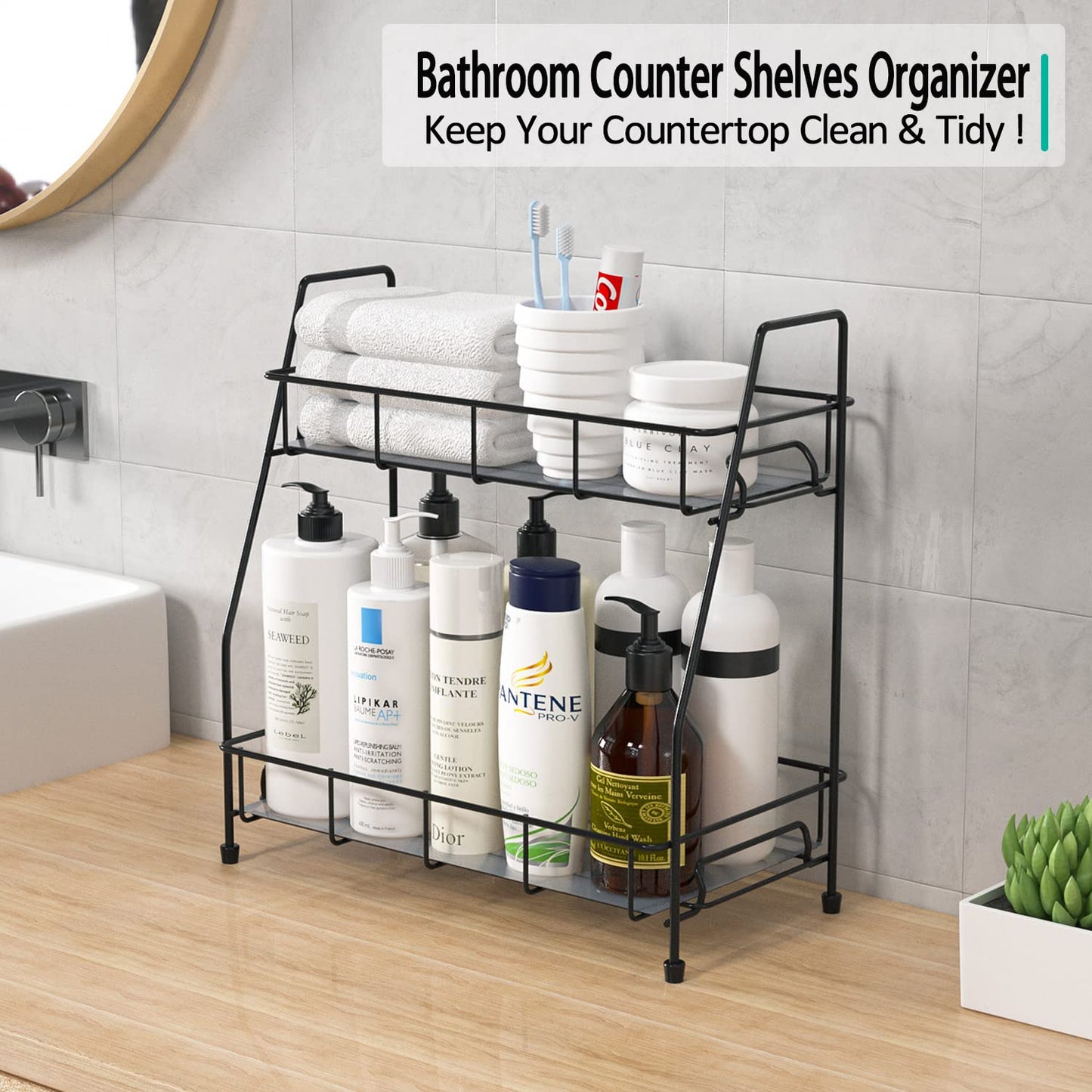 BOKIOVIN 2 Etagen Gewürzregal Stehend Organizer,Metall Gewürzständer Küchenregal Stehend Arbeitsplatte Gewürzhalter Aufbewahrung für Küche Schrank Bathroom,Schwarz