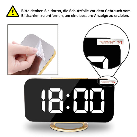 Digitaler,Wecker Am Bett,7 "LED-Spiegel-Wecker, mit 2 USB-Ladeanschlüssen,Schlummermodus,Automatische Helligkeitsanpassung,Einfach Einzurichtende Schreibtischuhr Für Die Home-Office (Gold)