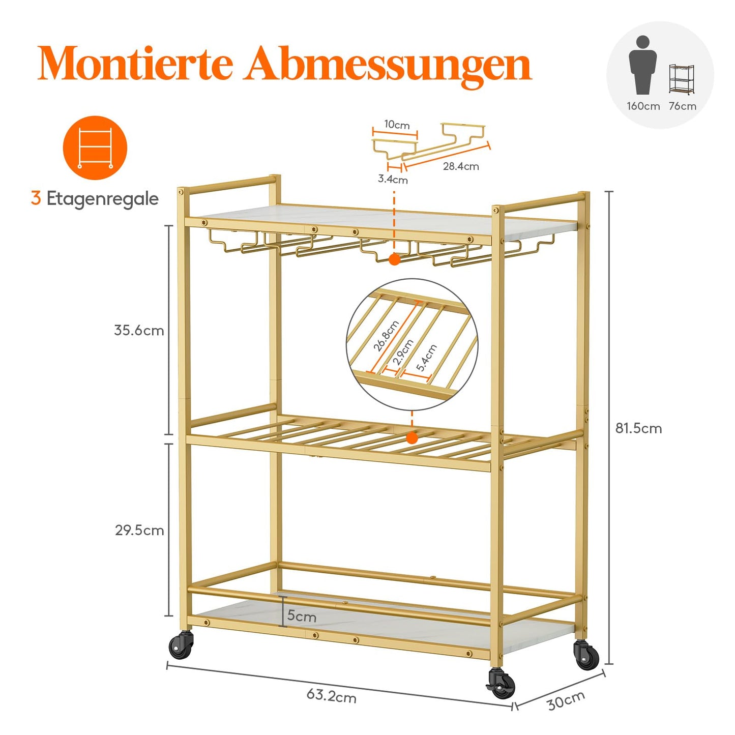 Lifewit Servierwagen, 3-stöckiger Barwagen mit blockierbaren Rädern, Weinregal und Glashaltern, Küchenwagen, Esszimmer, Wohnzimmer, 63,2 x 30 x 81,5 cm, Gold
