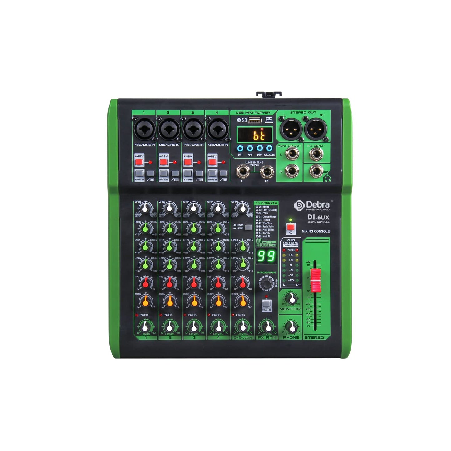 D Debra DI-6UX-Serie Professioneller Mixer Audio mit 99 DSP Digitaleffekten USB MP3 Eingang 48V Professionelle Phantomspeisung Mikrofon-Preamps für DJ Mixer Konsole Aufnahmestudio (DI-6UX)