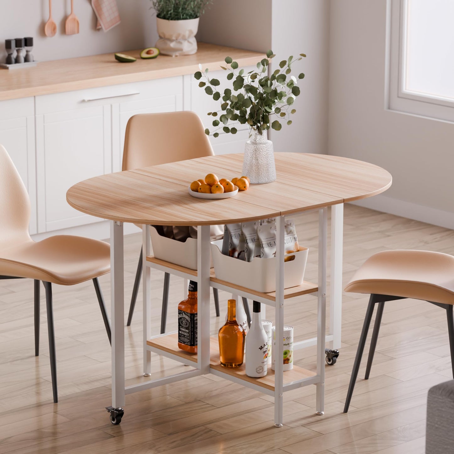 Mondeer Mobiler Klappbarer Esstisch, Klapptisch mit 2 Offenen Ablagen, Rundes Kanten Design, Kleine Räume Esszimmer Küche, 120 x 80 x 75 cm, Eiche und Weiß