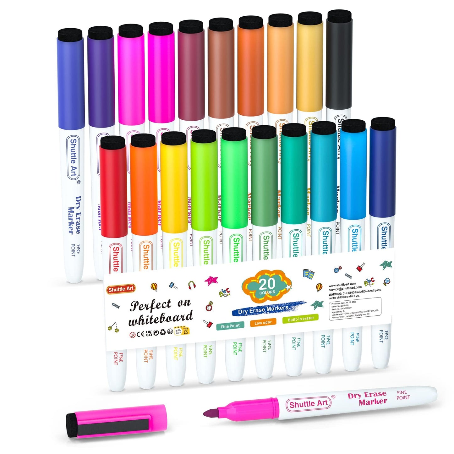 Shuttle Art Whiteboard Marker Set 20 Stück Whiteboard Marker Feine Spitze und Radiergummi trocken abwischbare Whiteboard Marker für Kinder zum Schreiben auf Whiteboards, Wochenplaner, Glas für