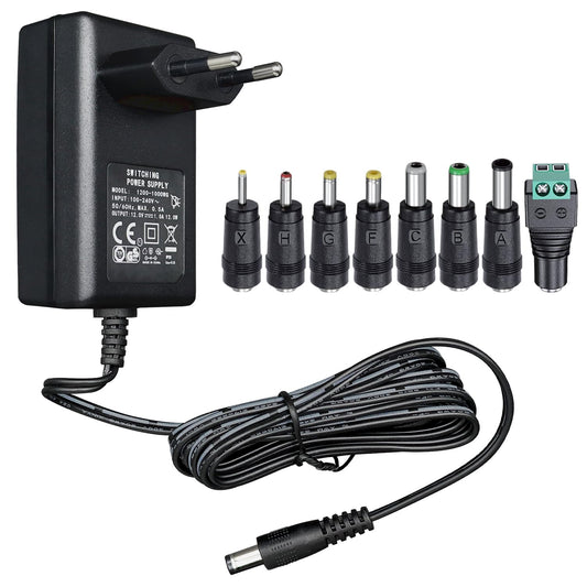 12V 1A/1000mA Netzteiladapter, AC 100-240V 50/60Hz auf DC 12V 1A/1000mA 12W Wandladegerät, Mitte positiv, 1,8m langes 20-AWG-Kabel für stabilen und flexiblen Einsatz, 8 Aufsätze enthalten