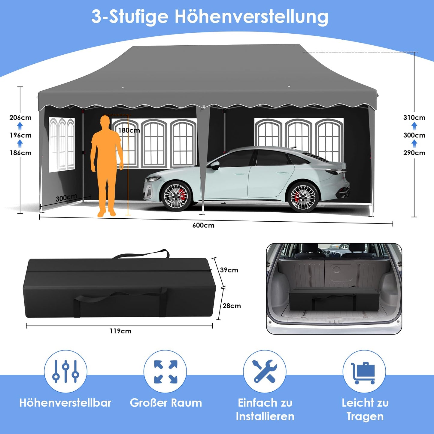 Faltpavillon 3x6 Pavillon Wasserdicht Stabil, Faltbar Gartenzelt 3x6 mit 6 Seitenwänden,UV Schutz 50+ Partyzelt con 12 Erdhaken 6 Seile und 6 Sandsäcke,Gartenpavillon für Markt,Hochzeiten,Freien, Grau