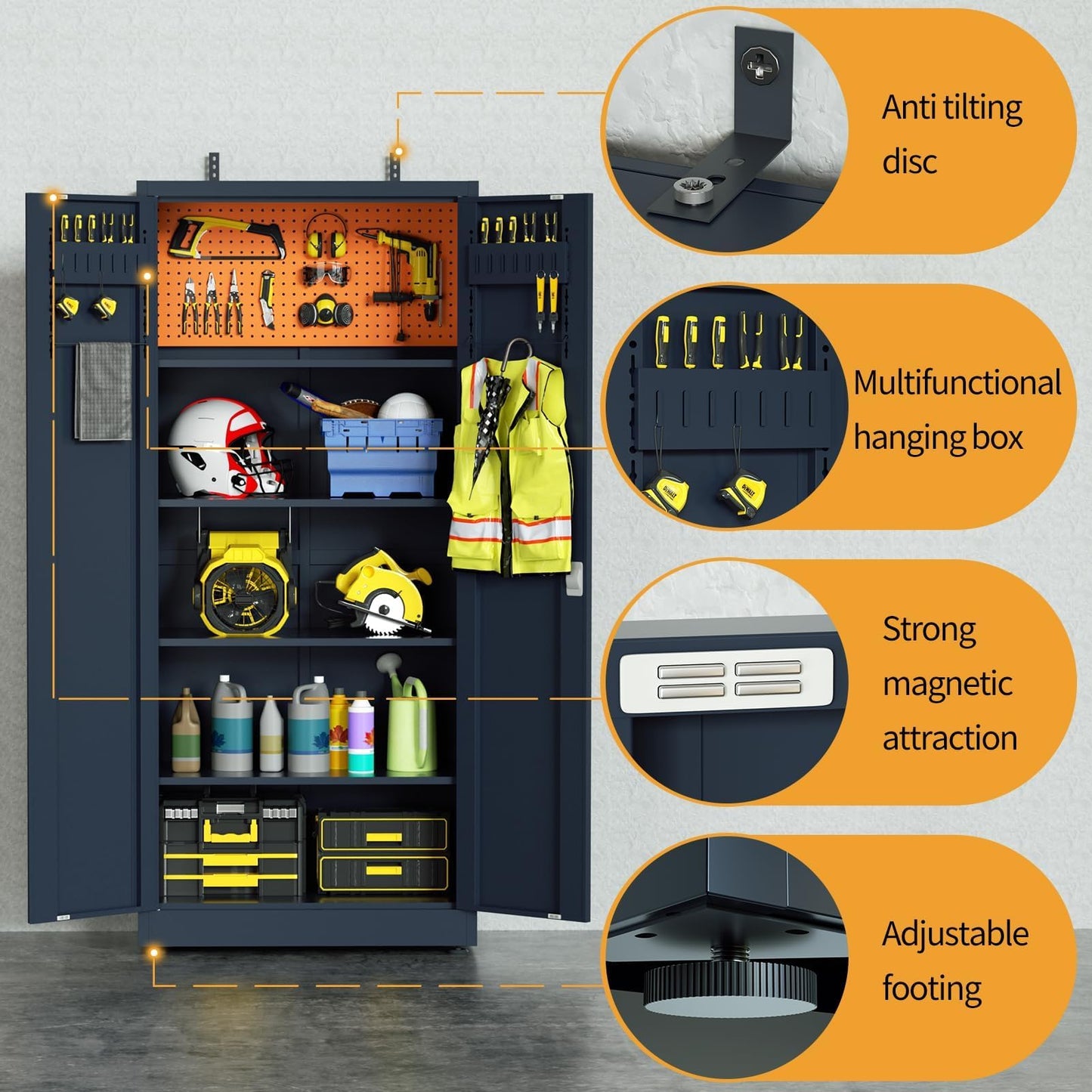 VCGGAIP Werkzeugschrank mit 2 Türen und 4 verstellbaren Regalen Aufbewahrungsschränke Garagenschränke abschließbar Metallschrank für Büro, Zuhause, Garage (Dunkelgrau)