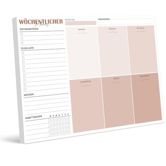 BIROYAL Wochenplaner Block A4 ohne festes Datum (50 Seiten), Schreibtischunterlage mit ToDo Liste, Wochenkalender Wochen Planer mit Wochenübersicht&Habit-Tracker für Termine, Aufgaben& Notizen (Braun)