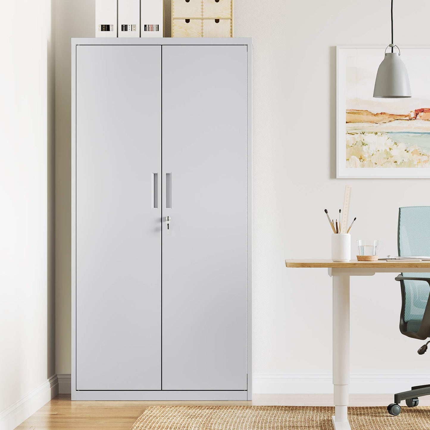 SONGMICS Aktenschrank, Mehrzweckschrank, Stahl-Aufbewahrungsschrank, 5 Ebenen, Doppeltüren, Schloss, Werkzeugschrank, verstellbare Ablagen, Garage, Büro, Wohnzimmer, grau OMC015G01
