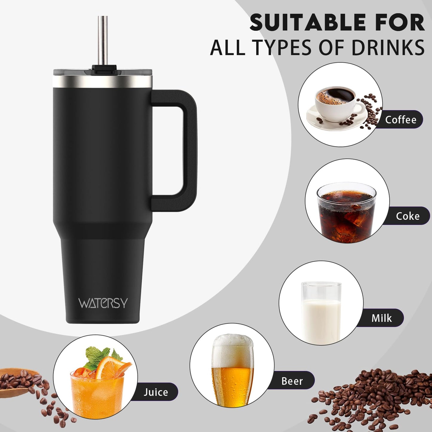 WATERSY 40oz Kaffeebecher to Go Thermobecher Doppelwandiger Edelstahl Vakuum Auslaufsicher Trinkbecher mit Griff und Strohhalm Thermo Tumbler Schwarz