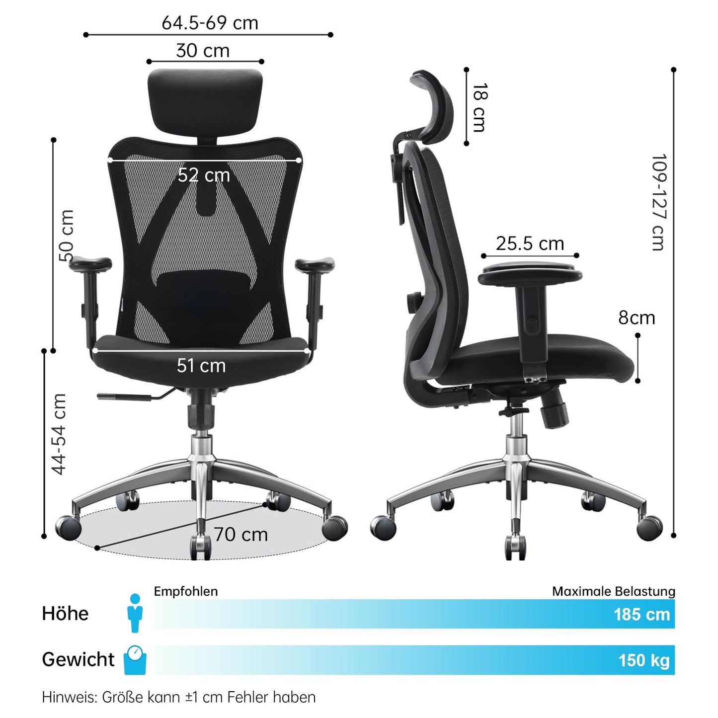 SIHOO Bürostuhl Ergonomischer Schreibtischstuhl, Drehstuhl hat Verstellbarer Lordosenstütze, Kopfstütze und Armlehne, Höhenverstellung und Wippfunktion, Rückenschonend, Bis 150kg/330LB Belastbar