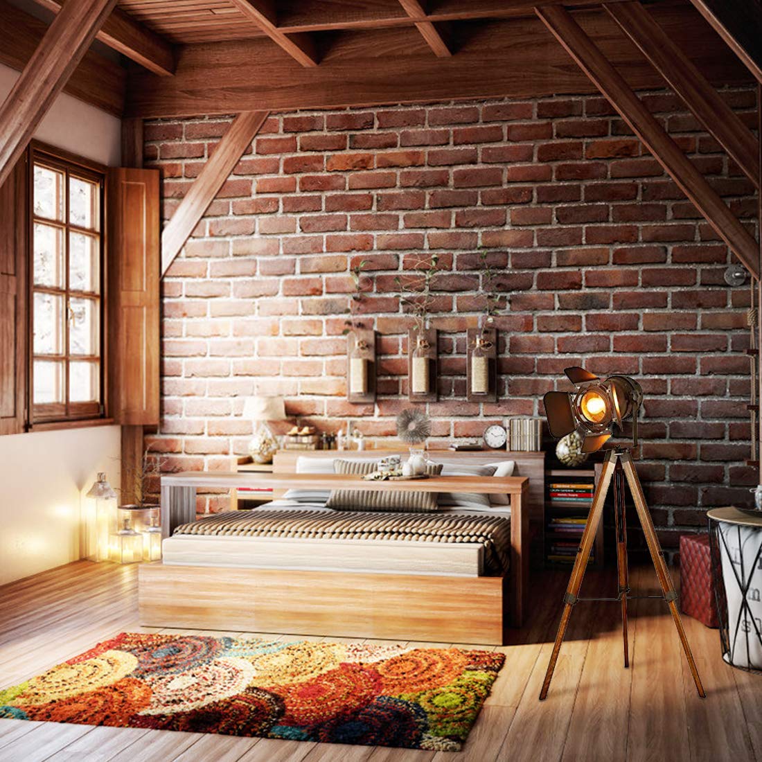 Barcelona LED Vintage Stehleuchte Tripod Stehlampe Deckenfluter im Cinema Stil, mit Dreifuß aus Holz Stativ Holz, Studiolampe, Studioleuchte, Wohnzimmerlampe, Wohnzimmerleuchte, LV 234