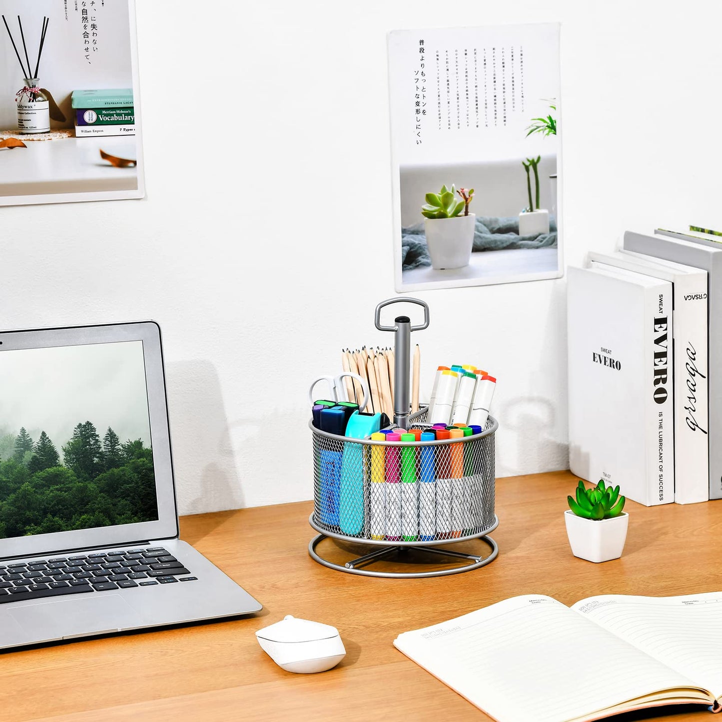 Marbrasse Mesh Schreibtisch Organizer,360Grad Drehbarer Multifunktionaler Stifthalter,4Fächer,Stiftehalter,Aufbewahrungsbox für Zuhause, Büro Stifthalter (Silber)