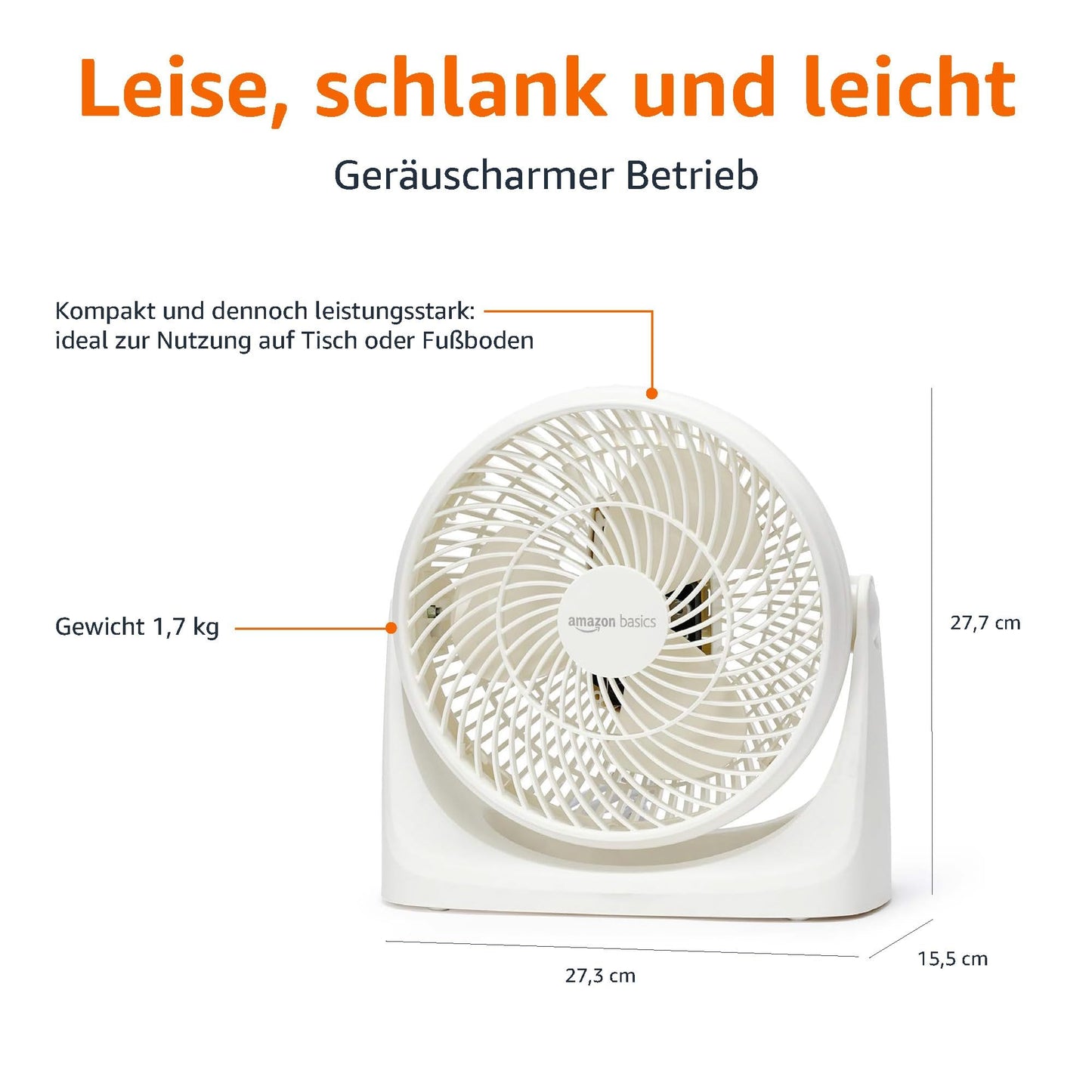 Amazon Basics Tisch-Ventilator tragbar, 18 cm, geräuscharme Kühlung, 3 Geschwindigkeiten, um 90° verstellbarer Winkel, Weiß, 15,49 x 27,3 x 27,69 cm