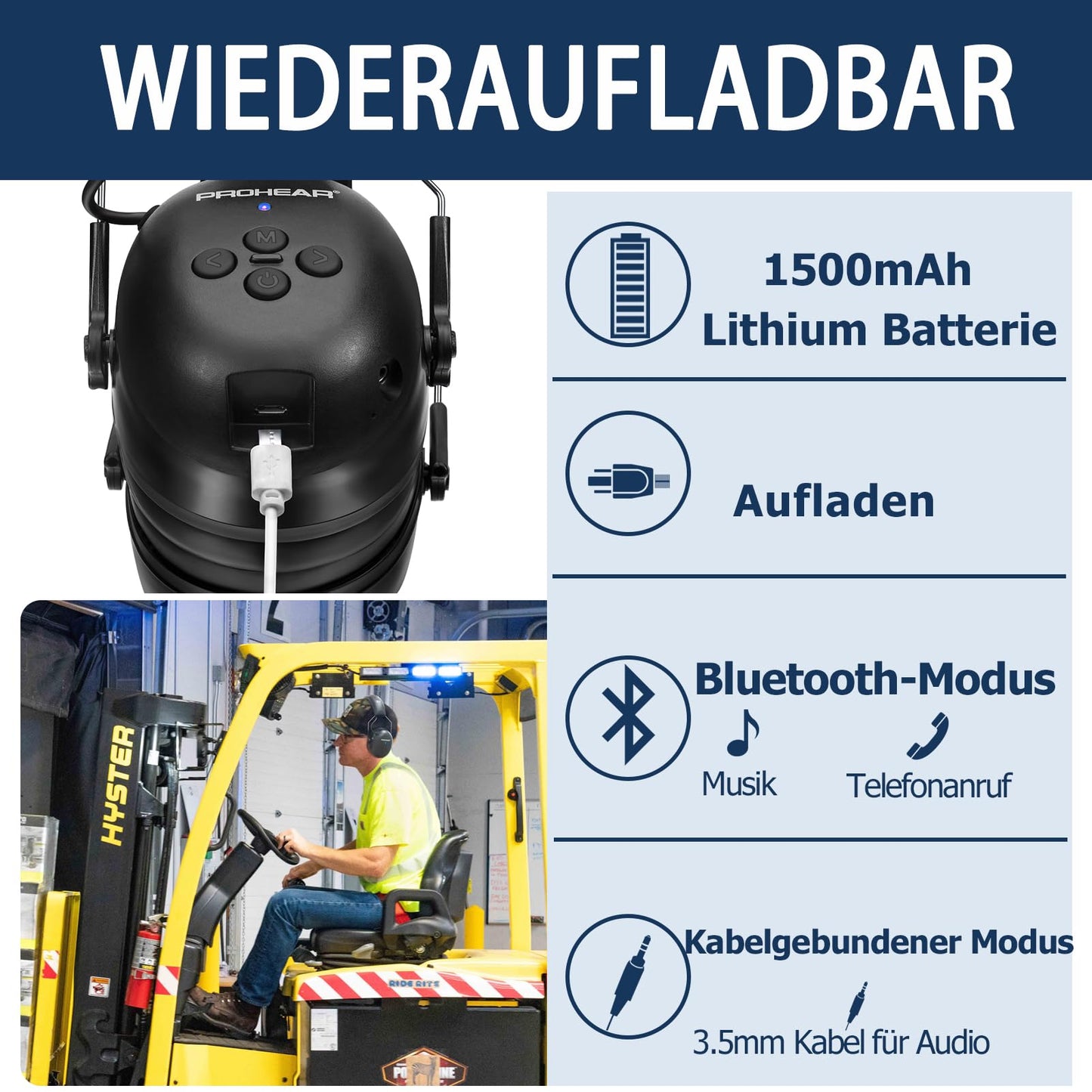 PROHEAR 037 Gehörschutz mit Bluetooth, BT 5.3-Technologie Kopfhörer mit Eingebautem Mikrofon und Lärmreduzierung für Mähen und Lärmintensive Freizeitaktivitäten, SNR 30dB, NRR25dB - Schwarz