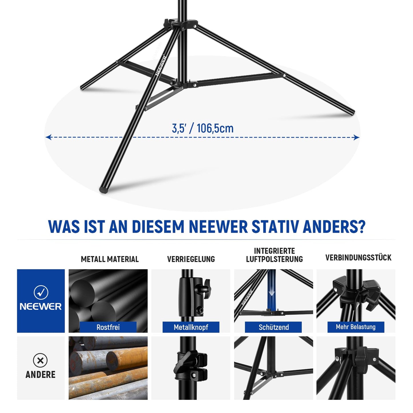 NEEWER 4m Lichtstativ, Luftgepolstertes Heavy Duty Metallstativ für Ringlicht Fotografie Lampen mit 1/4" zu 3/8" Schraubadapter und 3 Wege Schnittstellen, Tragfähigkeit: 3kg, ST-400AC
