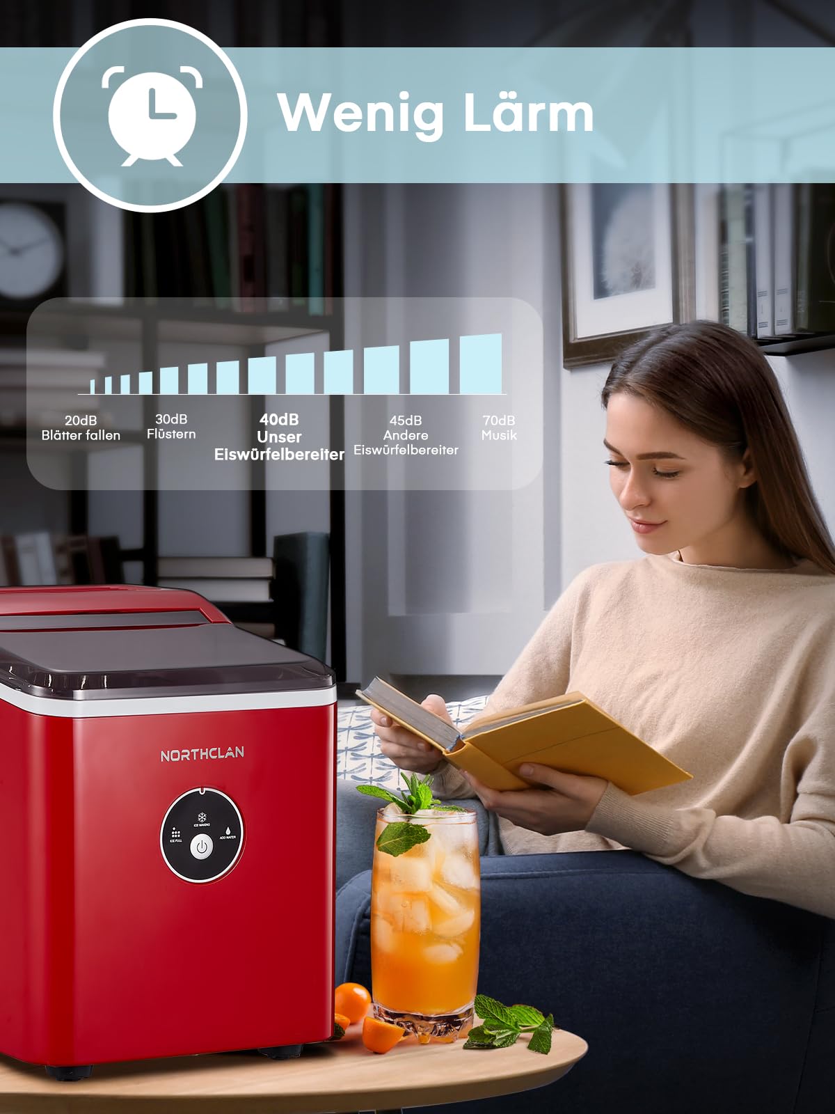 Eiswürfelmaschine Testsieger 2024, 14 kg 24 Stunden, 9 Eiswürfel in 6-8 Minuten, Gerauscharmer Betrieb, 120W Ice Maker mit Schaufel u. Korb, Eiswürfelbereiter für Zuhause, Büro (Rot)