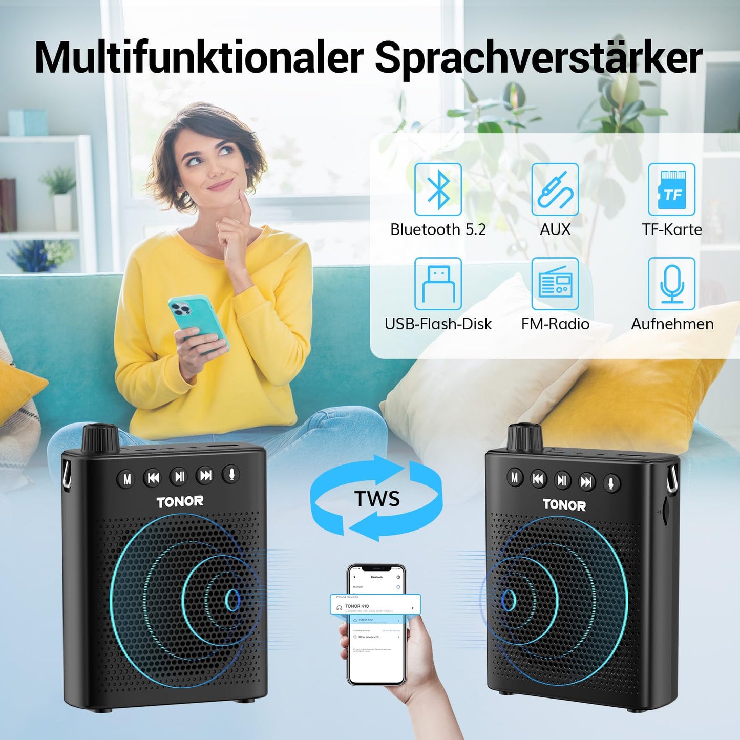 TONOR Sprachverstärker tragbar Blutooth Lautsprecher mit kabelgebundenem Mikrofon Headset, Wiederaufladbares Mini Stimmverstärker für Trainer Lehrer Reiseführer Tagungen Fitnesstrainer, K10