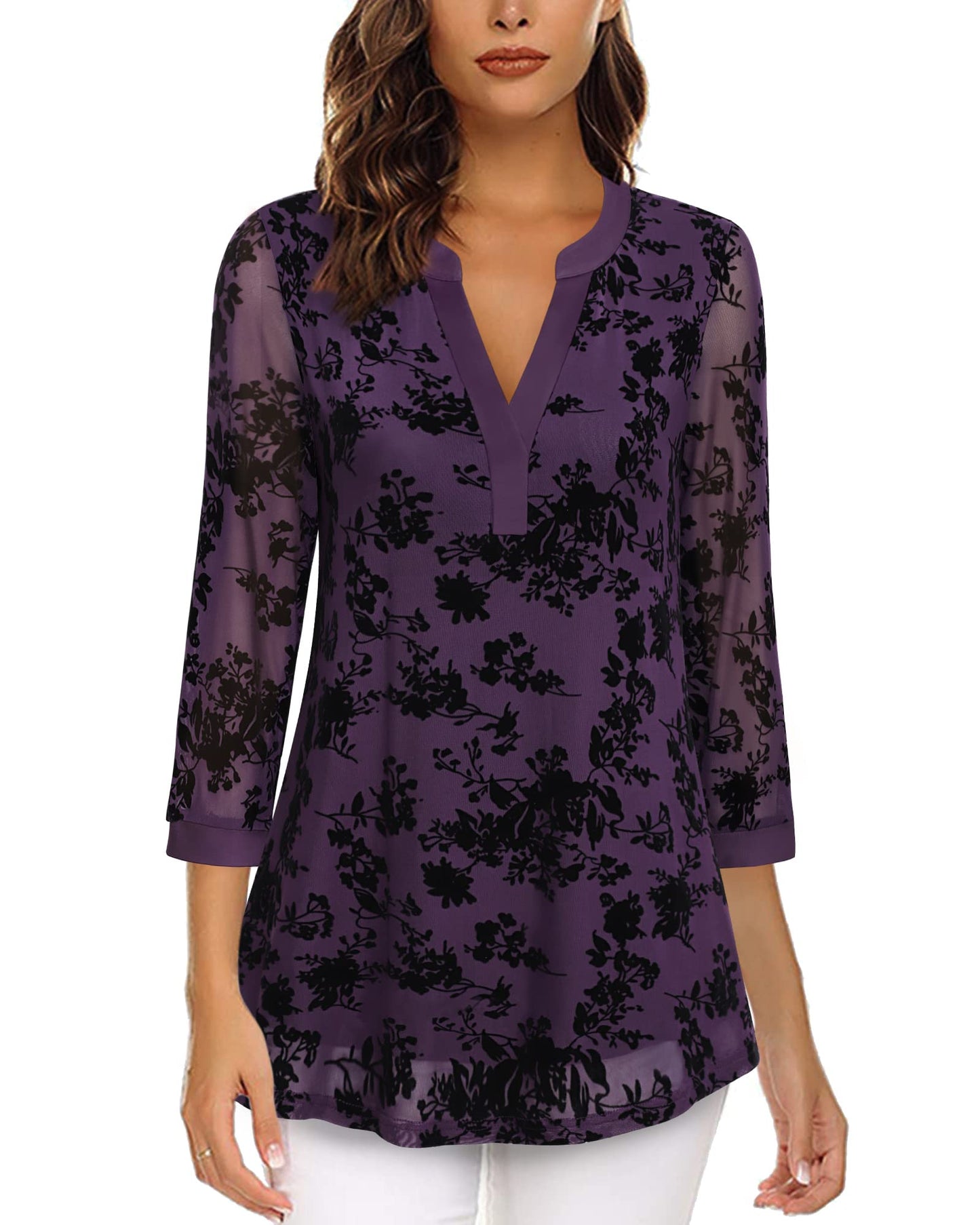 Vafoly Spring V Neck Damen Tops und Blusen 3/4 Ärmel Blusen für Frauen Dressy Arbeitskleidung Büro Kleidung Loose Fit Flowy Business Casual V Neck Tunika Tops Beflockte Violett Blumen XXL