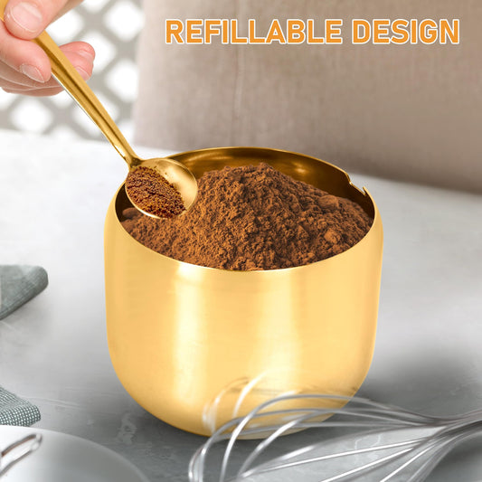 Zucker- und Milchkännchen-Set, Zuckerbehälter und Milchaufschäumkrug für Kaffeebar, Edelstahl, Zuckerdose mit Deckel und Löffel für Espressomaschinen-Zubehör (Gold)