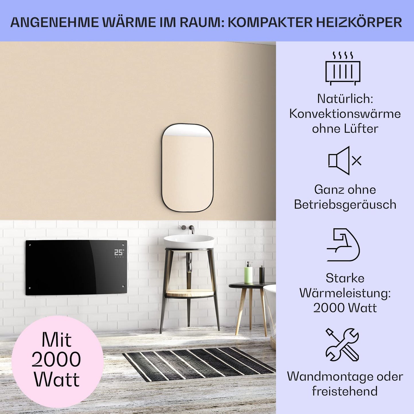 Klarstein Elektroheizung, Konvektor-Heizung Freistehend oder Wandmontage, Mobile Energiesparend, Leise , Standgerät Heizkörper Elektrisch mit Thermostat, 2000 Watt