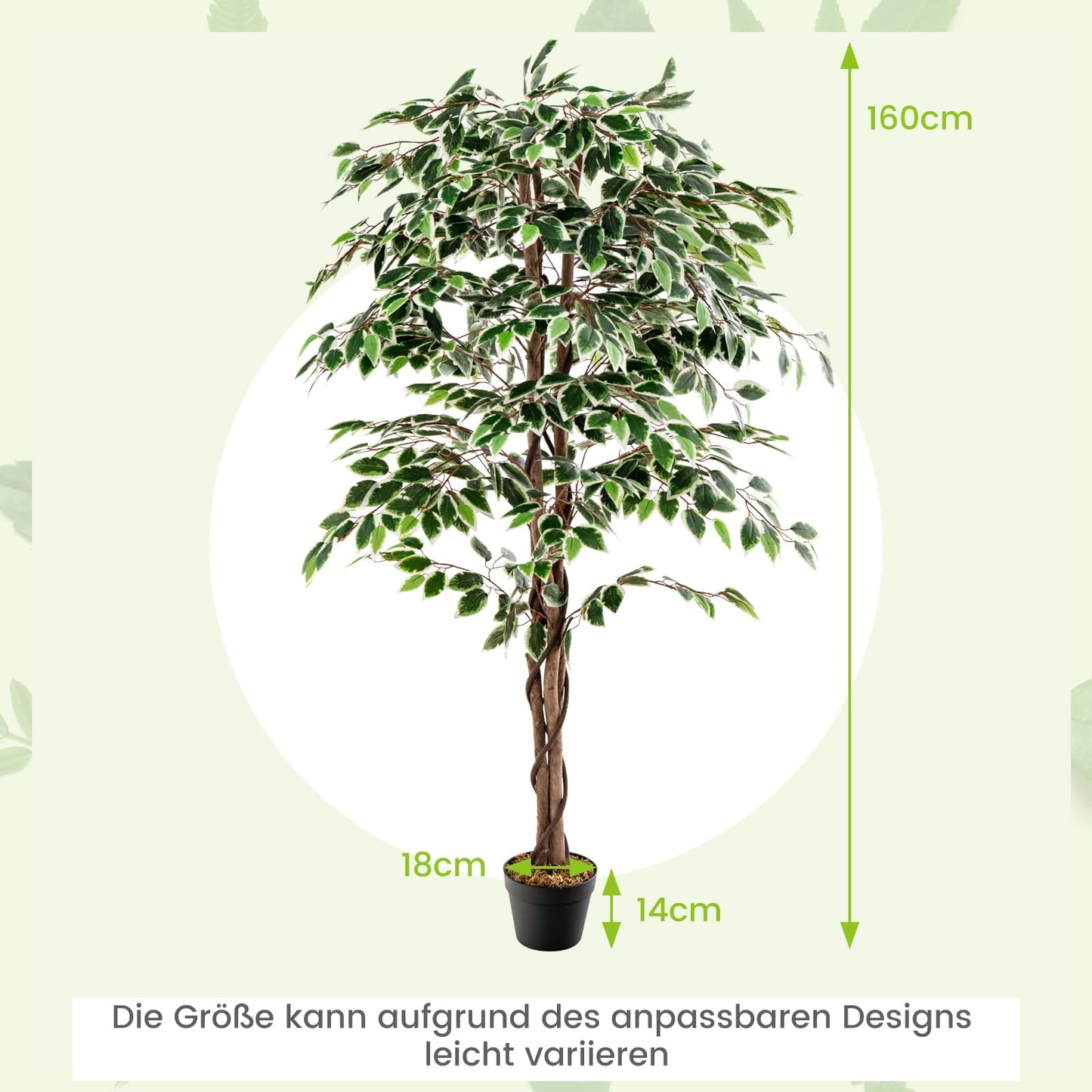 COSTWAY 160 cm Kunstpflanze grün, Künstliche Pflanze Ficus Benjamin, Dekopflanze mit natürlichem Holzstamm & Blättern, Zimmerpflanze Deko, Kunstbaum Innendekoration, für Zuhause Garten Büro