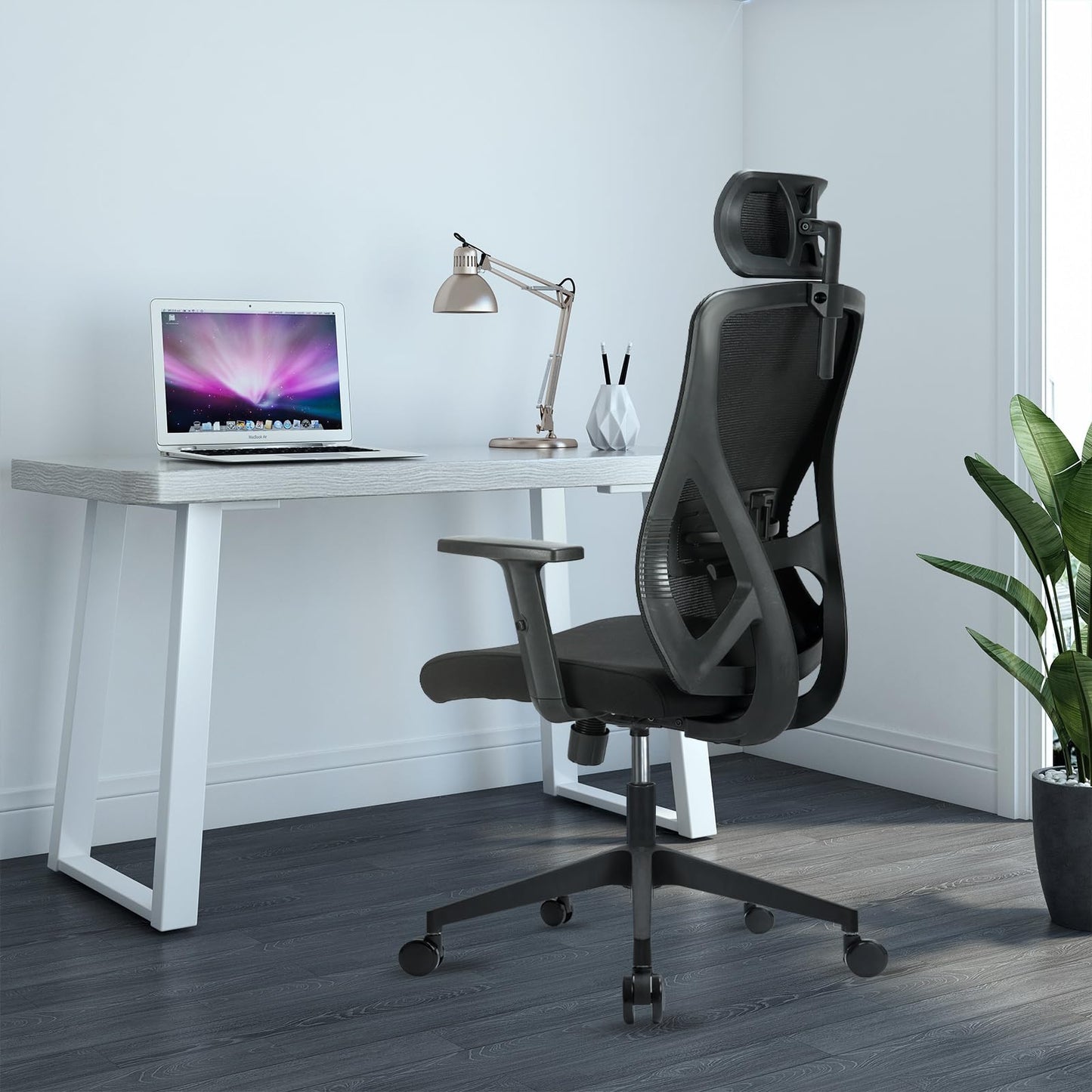 Durrafy Bürostuhl Ergonomisch, Bürostuhl, Schreibtischstuhl mit Verstellbarer Kopfstütze, Armlehnen, Lendenwirbelstütze Höhenverstellbar, 90°-130° Schaukeln, Chefsessel 150KG Belastbar, Schwarz